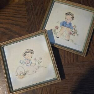 Cute Vintage Framed Boy & Girl Prints for Baby Nursery